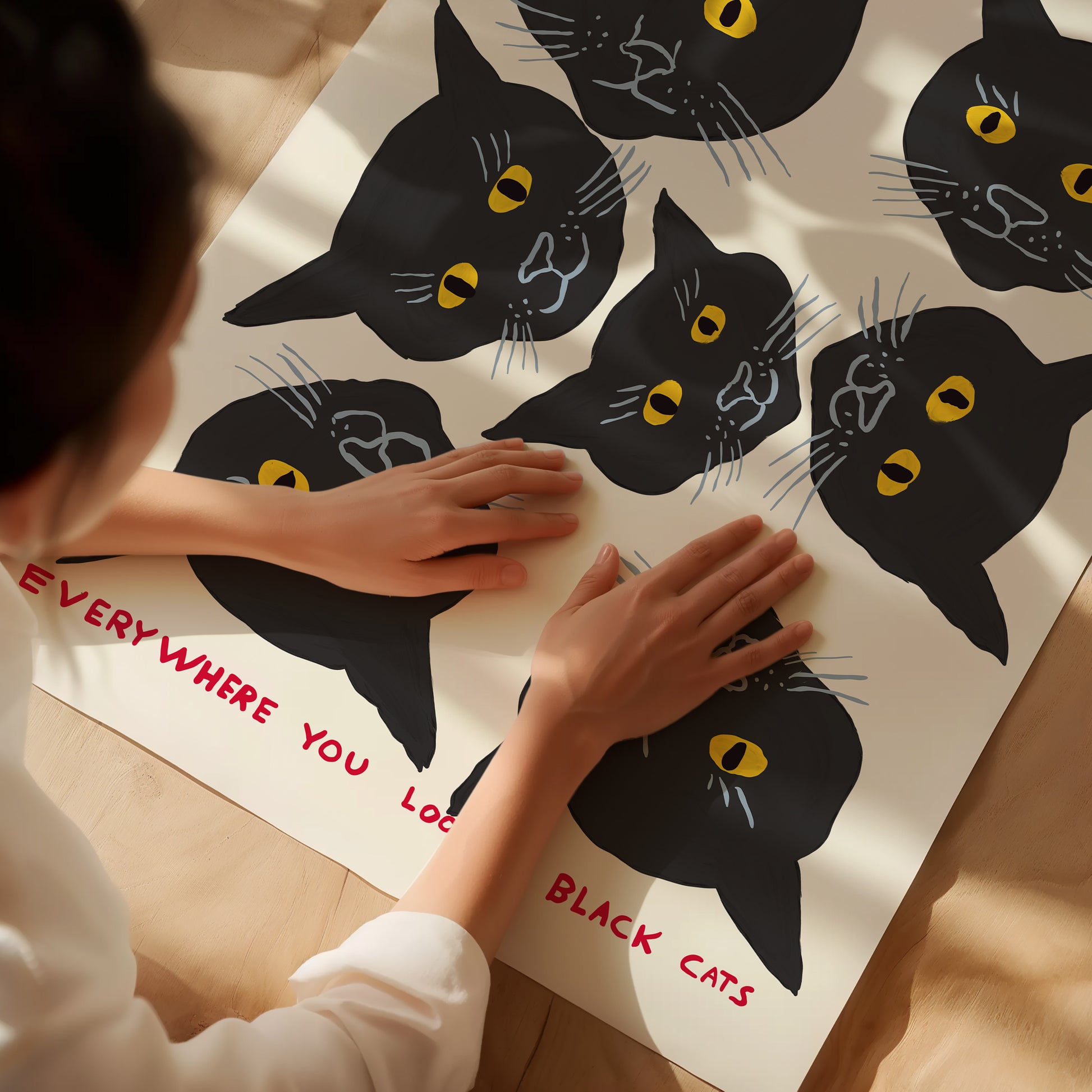 Black Cats Everywhere. David Shrigley Print. Black Cat Art Print. Cat Poster. Contemporary Art. Funky Quote Wall Art Decor. Shrigley Cat Art