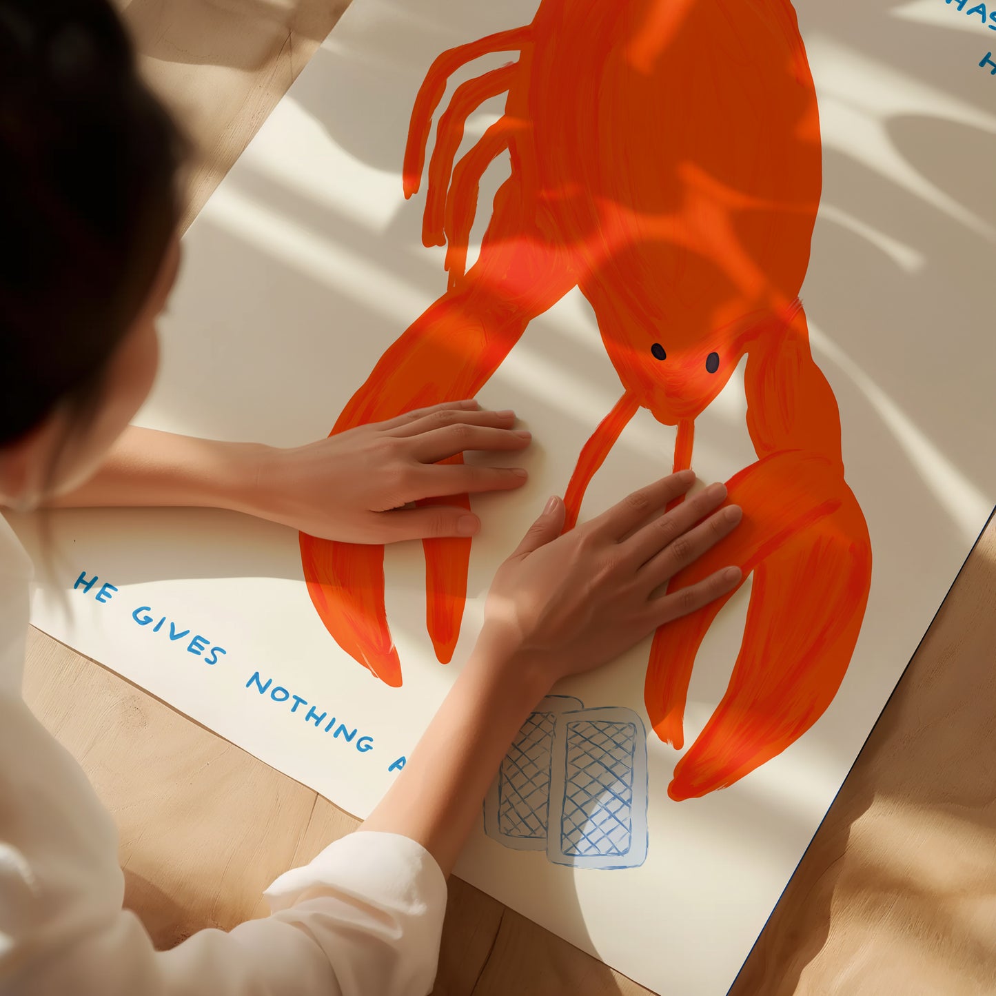 Impossible To Tell What He Has In His Hand Poster. David Shrigley Lobster Print. Funny Quote Wall Art. Contemporary Room Wall Art. Art Gift