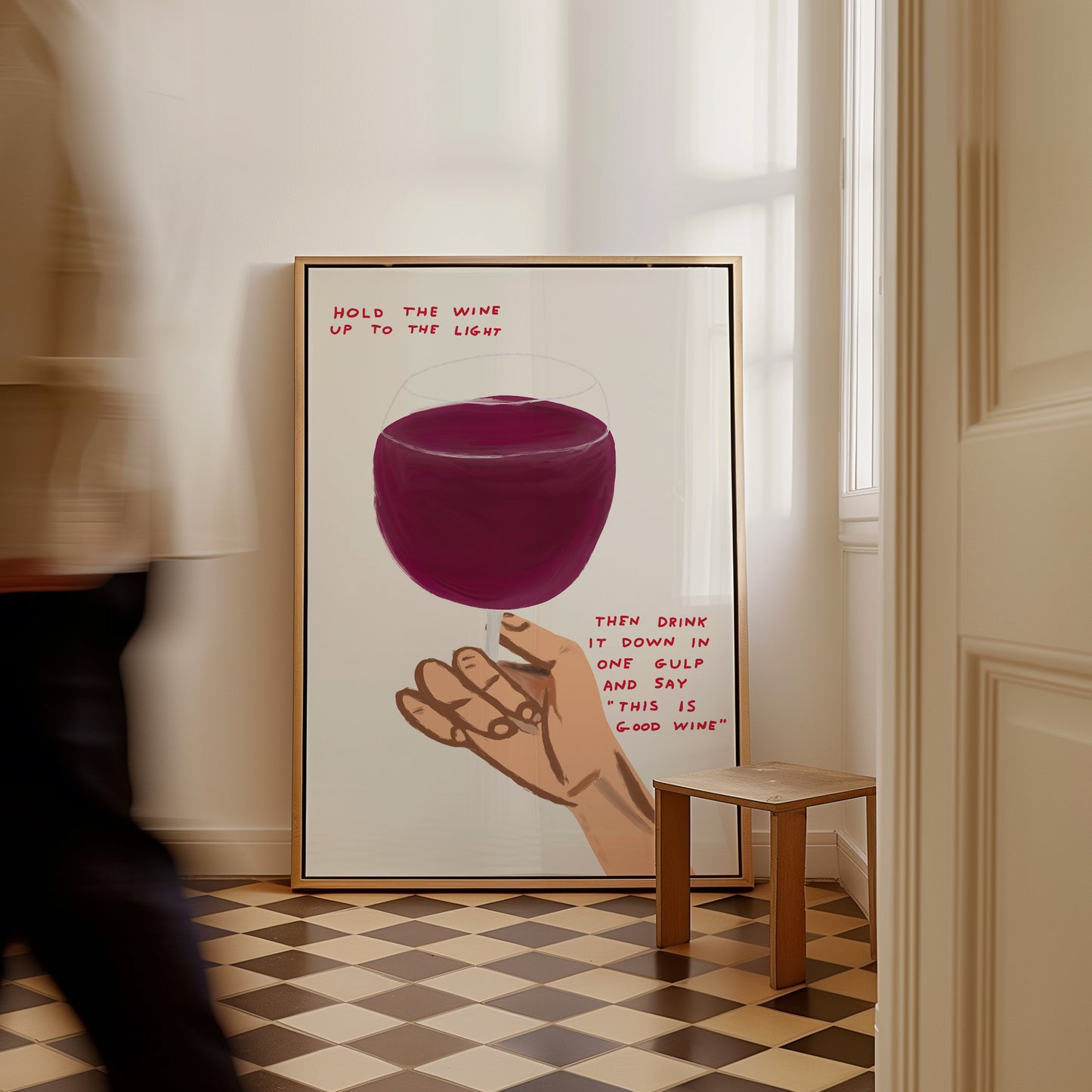 David Shrigley Wine Glass Print. Hold The Wine Up To The Light Then Drink It Down In One Gulp. Shrigley Good Wine. Funny Quotes Wall Art