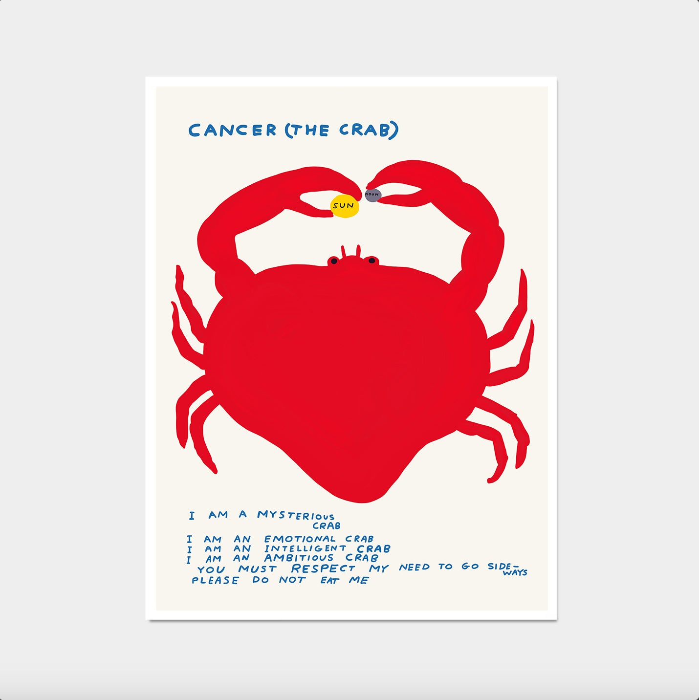 Cancer The Crab Zodiac. David Shrigley Print. David Shrigley Signs of the Zodiac. Shrigley Crab. Living Room Wall Art. Quote Wall Art Poster
