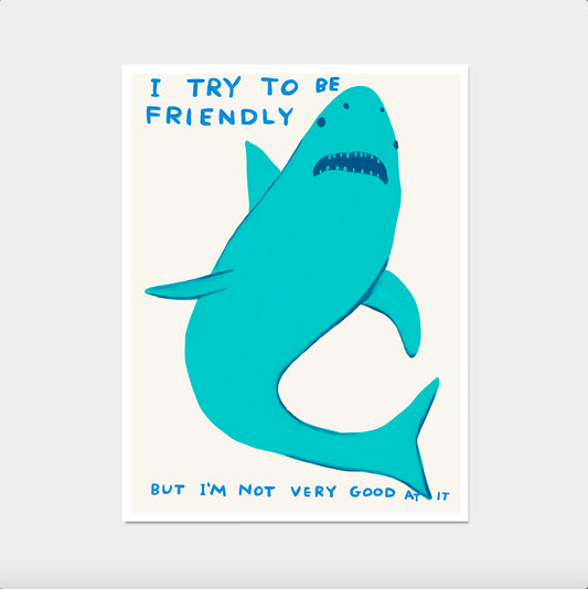 David Shrigley Print. I Try To Be Friendly. Shrigley Shark. Art Print. Contemporary Print. Funny Quotes Poster. Trending Funky Wall Art