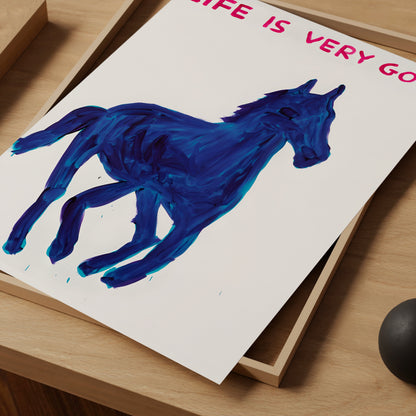 Life Is Very Good David Shrigley Horse Art Print. David Shrigley Blue Horse Poster. Horse Quote Wall Art