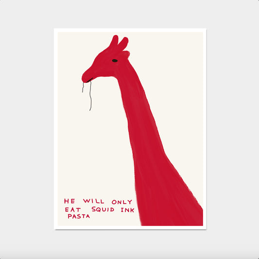 David Shrigley. He Will Only Eat Squid Ink Pasta. Kitchen Wall Decor. Pasta Poster Print. David Shrigley Giraffe. Contemporary Wall Art