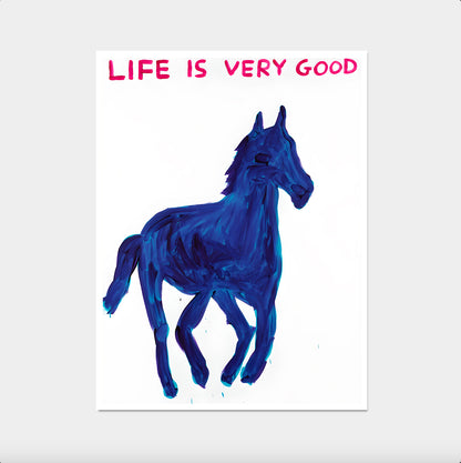 Life Is Very Good David Shrigley Horse Art Print. David Shrigley Blue Horse Poster. Horse Quote Wall Art