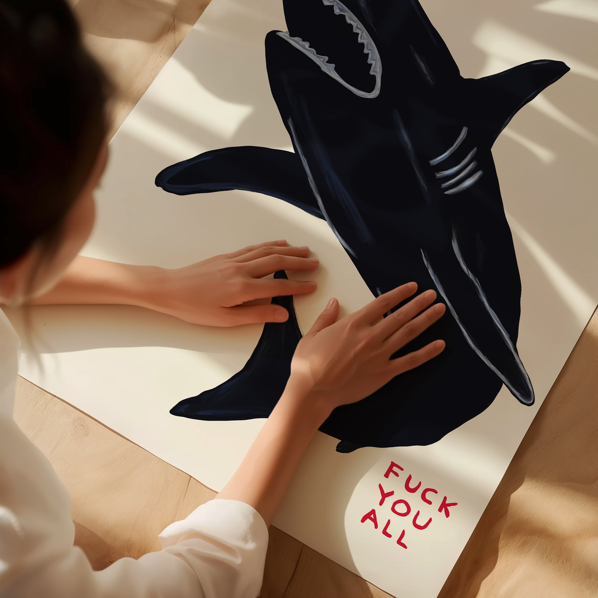 David Shrigley Shark. Shark Says Fuck You All. Quote Wall Art. Shrigley Quote. Funky Poster. Contemporary Art. Room Wall Art. Shrigley Print